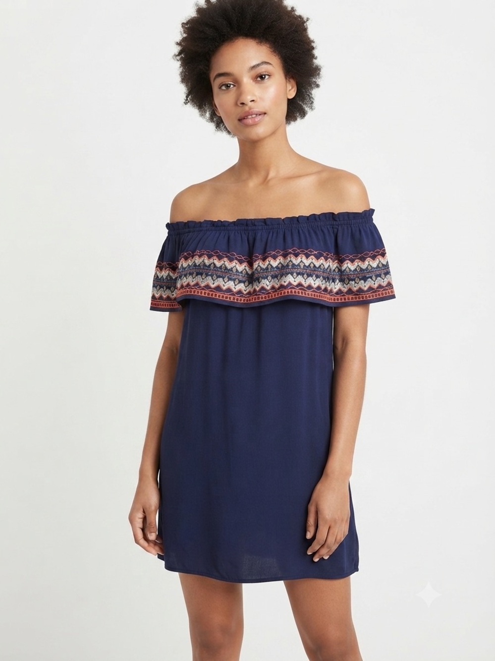 THML Navy Embroidered Off-The-Shoulder Dress